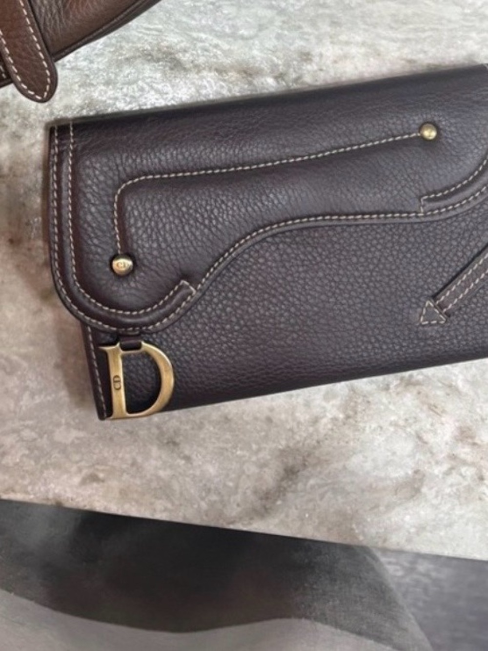 Vintage Dior Dark Brown Pebbled Leather Wallet with Gold D Charm